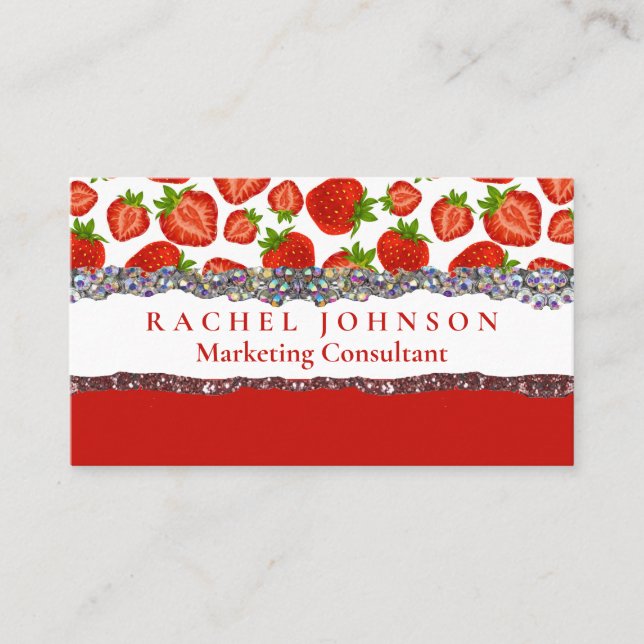 Red Strawberries Feminine Glam Retro Business Card (Front)