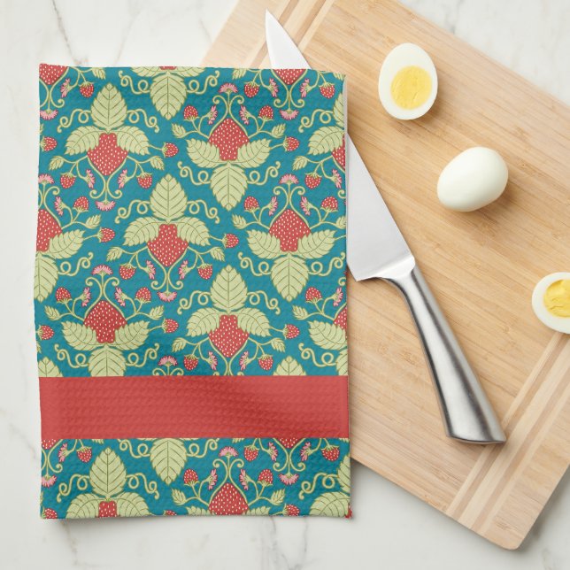 Red Strawberries, Flowers, Fruit, and Runners Tea Towel (Quarter Fold)