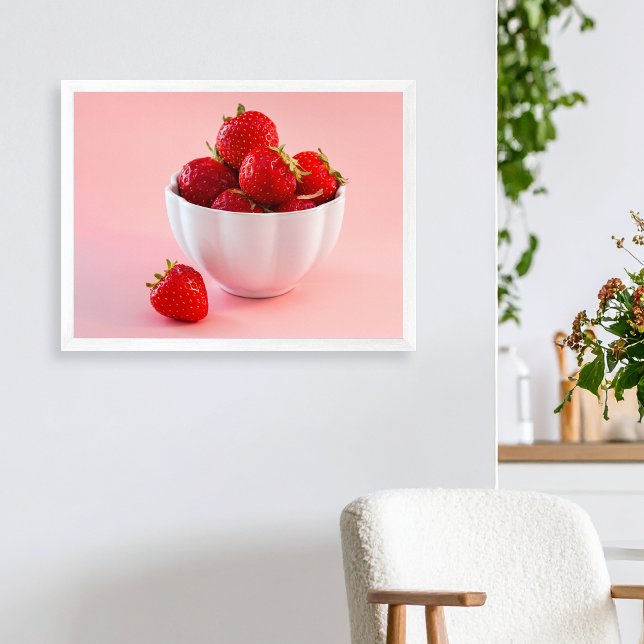 Red Strawberries In White Bowl On Pink Photo Poster (Please note: This image is a digital mockup. The product may not be in scale.)