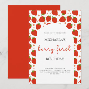Red Strawberries Pattern Berry First Birthday Invitation
