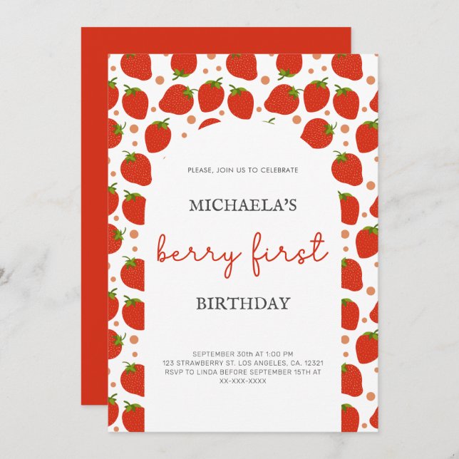 Red Strawberries Pattern Berry First Birthday  Invitation (Front/Back)