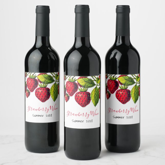 Red Strawberries Vintage Illustration Wine Label (Bottles)