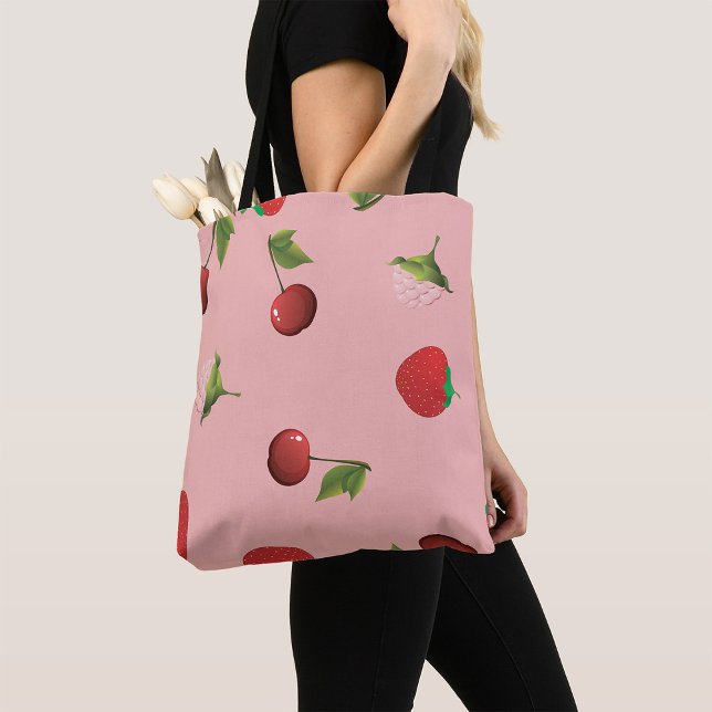 Red Strawberry and Cherry Pattern Pink Fruit Tote Bag (Creator Uploaded)