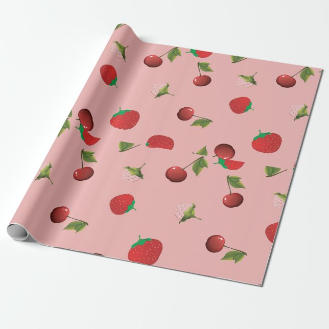 Red Strawberry and Cherry Pattern Pink Fruit Wrapping Paper (Unrolled)