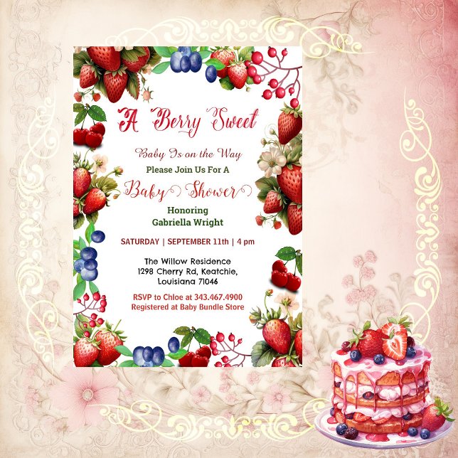 Red Strawberry Baby Shower | Blue Berry Sweet Cute Invitation (Red Strawberry Baby Shower | Blue Berry Sweet Cute Invitation)