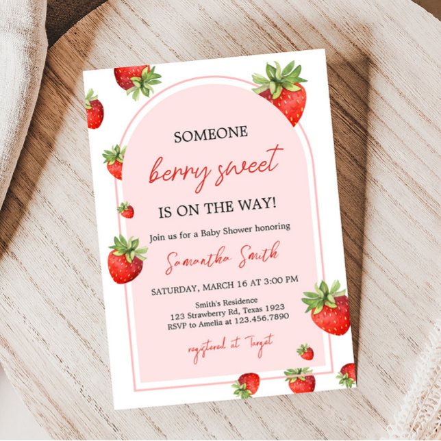 Red Strawberry Baby Shower  Invitation (Boho Berry Sweet Baby Shower Invitation)