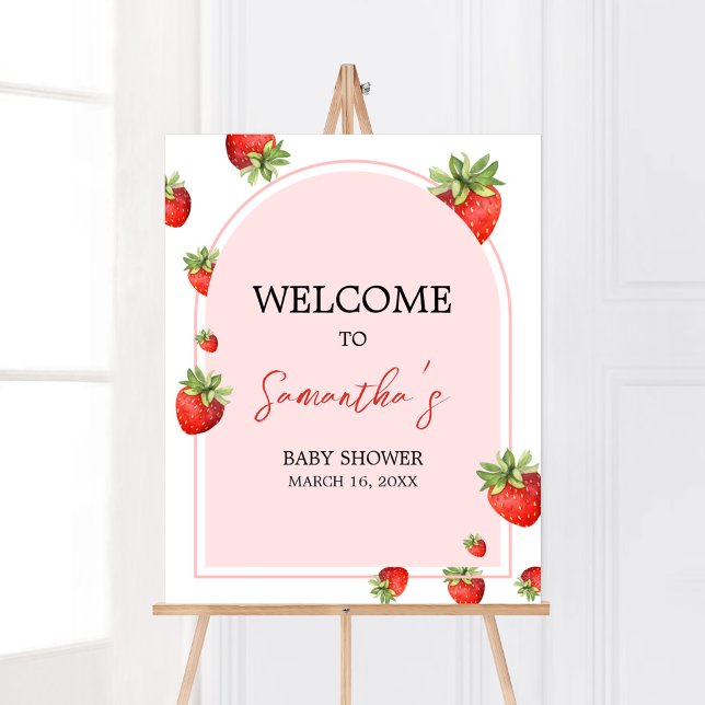Red Strawberry Baby Shower Welcome Poster (Boho Berry Sweet Baby Shower Welcome Sign)