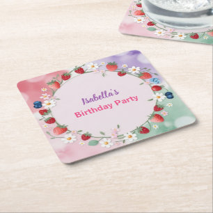 Red Strawberry berry Daisy Birthday Party for her Square Paper Coaster