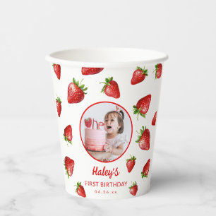 Red Strawberry Berry First Baby Birthday Photo Paper Cups