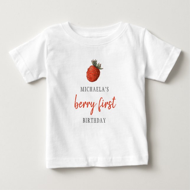 Red Strawberry Berry First Birthday Baby T-Shirt (Front)