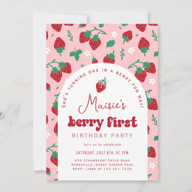 Red Strawberry Berry First Birthday Party Invitation (Front)