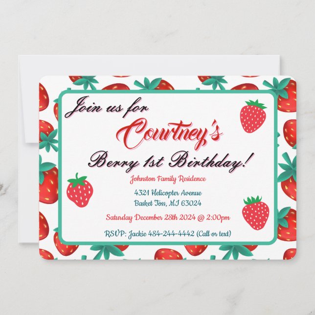 Red Strawberry Berry First Birthday Party Invitation (Front)