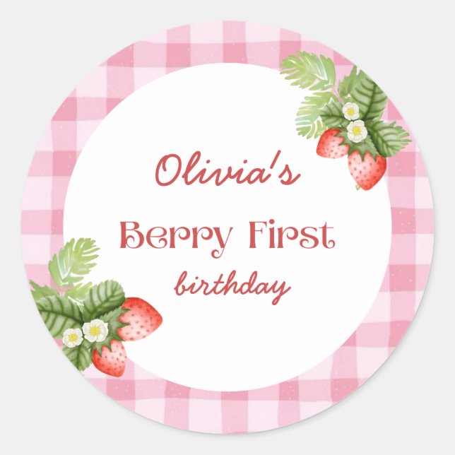 Red Strawberry Berry First Birthday Thank You Classic Round Sticker (Front)