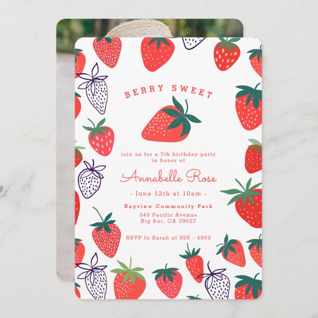 Red Strawberry Berry Sweet Birthday Invitation (Front/Back)