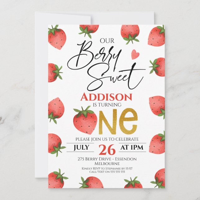 Red Strawberry Berry Sweet First Birthday Invitation (Front)