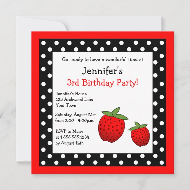 Red Strawberry Birthday Black & White Polka Dots Invitation (Front)