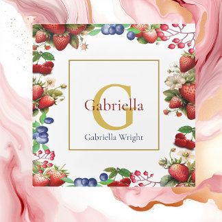 Red Strawberry Blue Berry Modern Gold Monogram  Glass Coaster