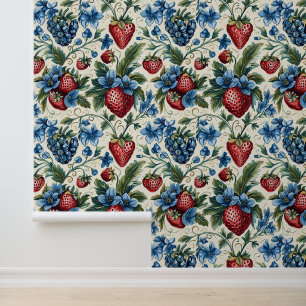 Red Strawberry & Blue Blueberry Farm Style Wallpaper