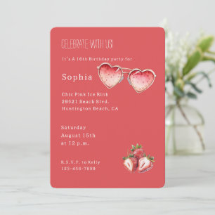 Red Strawberry Colored Heart Glasses Birthday Invitation