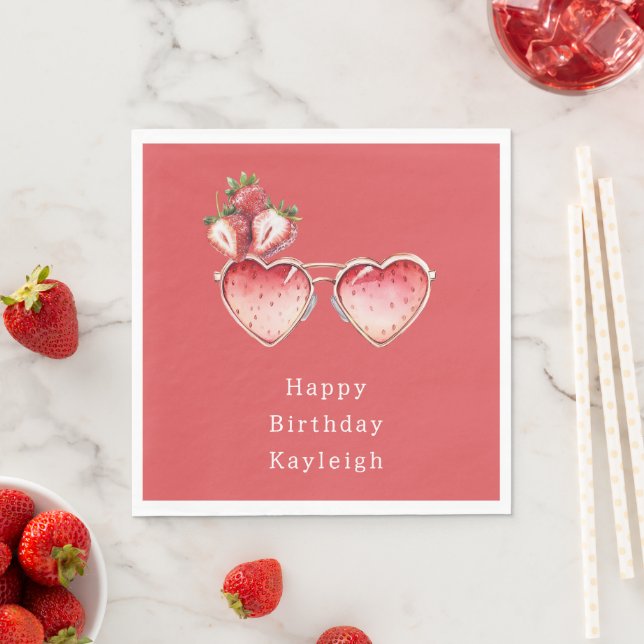 Red Strawberry Colored Heart Glasses Birthday Napkin (Insitu)