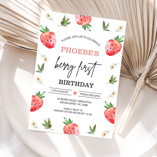 Red Strawberry Daisy Berry Sweet 1st Birthday Invitation (Girls Berry First Birthday Invitation, Editable Strawberry 1st Birthday Invite, Daisy, Berry First )