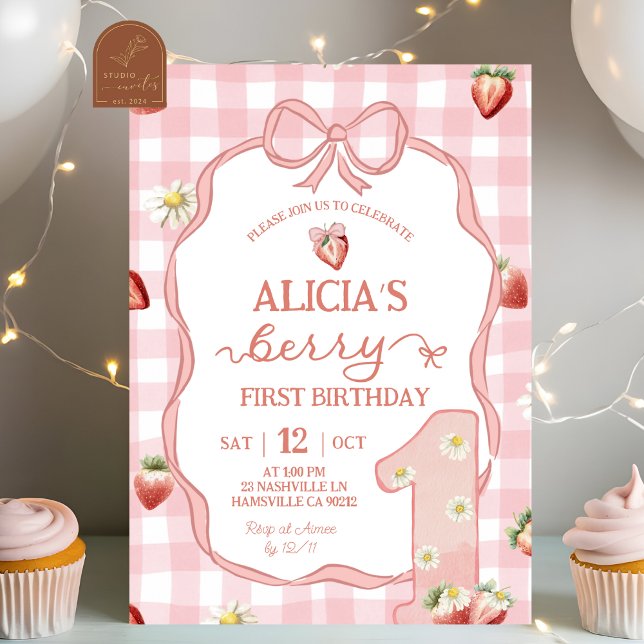  Red Strawberry Daisy Coquette Berry 1st Birthday Invitation (Creator Uploaded)