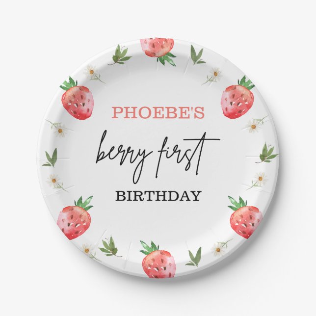 Red Strawberry Daisy Foliage Berry First Birthday Paper Plate (Front)