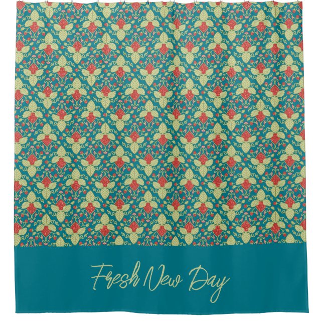 Red Strawberry fruit and pink blossoms Shower Curtain (Front)