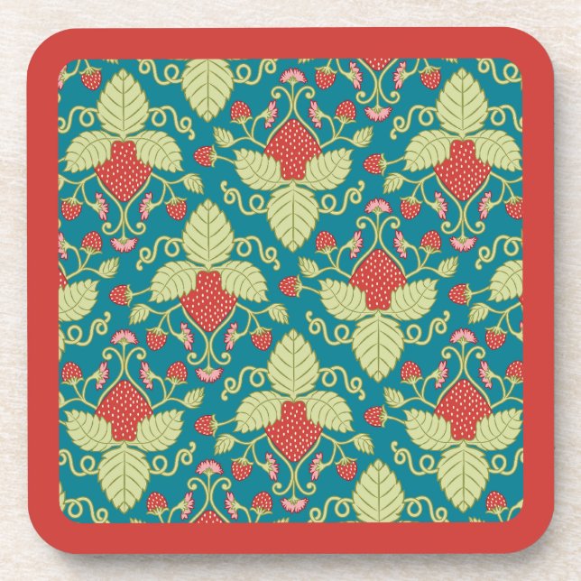 Red Strawberry Fruit, Blossoms & Runners Coaster (Front)