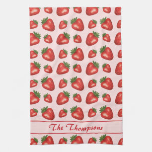 Red Strawberry Fruit Pattern On Pink With Text Tea Towel