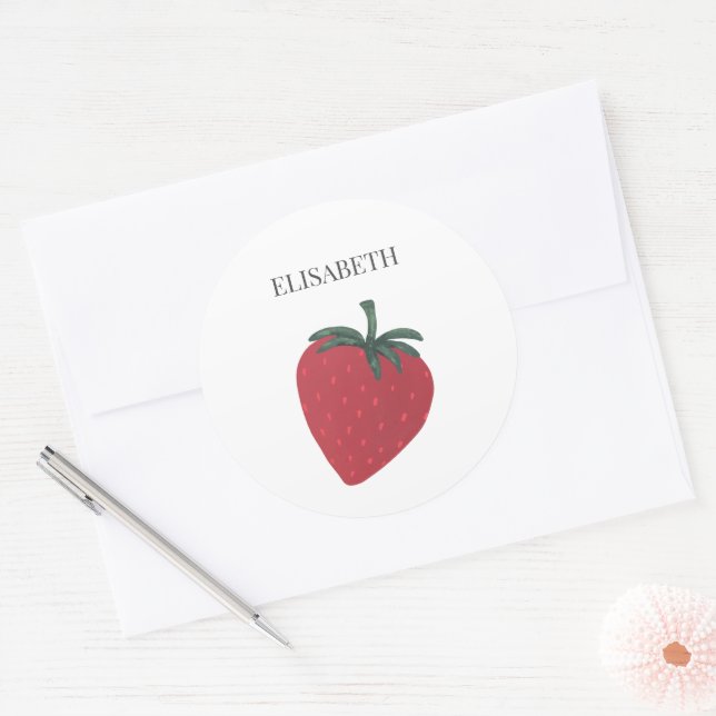 Red Strawberry Fruit Personalised Name Classic Round Sticker (Envelope)