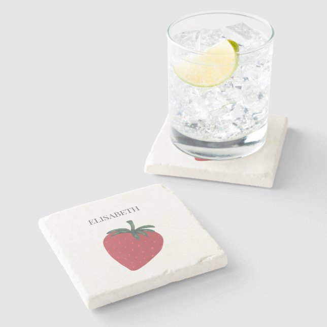 Red Strawberry Fruit Personalised Name Stone Coaster (Side)