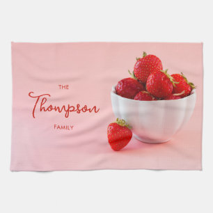 Red Strawberry Fruits On Pink With Family Name Tea Towel