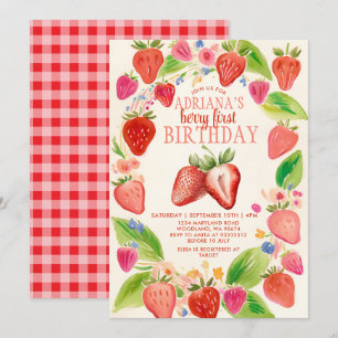 Red Strawberry Gingham Berry Sweet Birthday Invitation