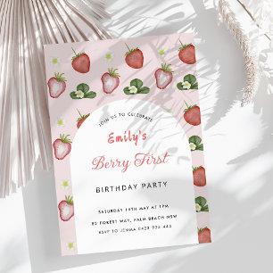 Red Strawberry Girl 1st Birthday Party Invitation