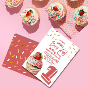 Red Strawberry Girl's Berry First Birthday  Invitation