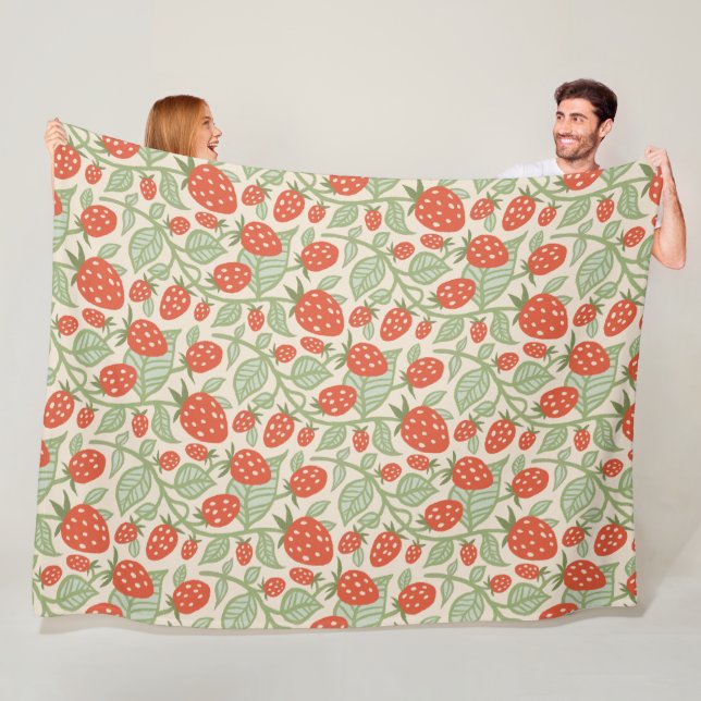 Red strawberry & green leaves pattern fleece blanket (In Situ)