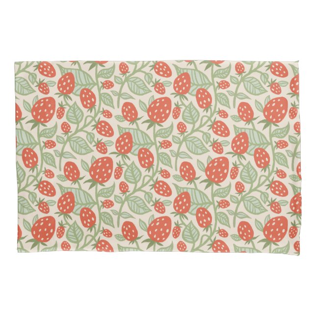 Red strawberry & green leaves pattern pillowcase (Front)