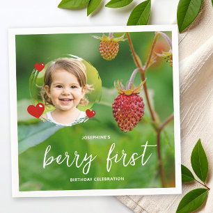 Red Strawberry & Kid's Photo Berry First Birthday Napkin