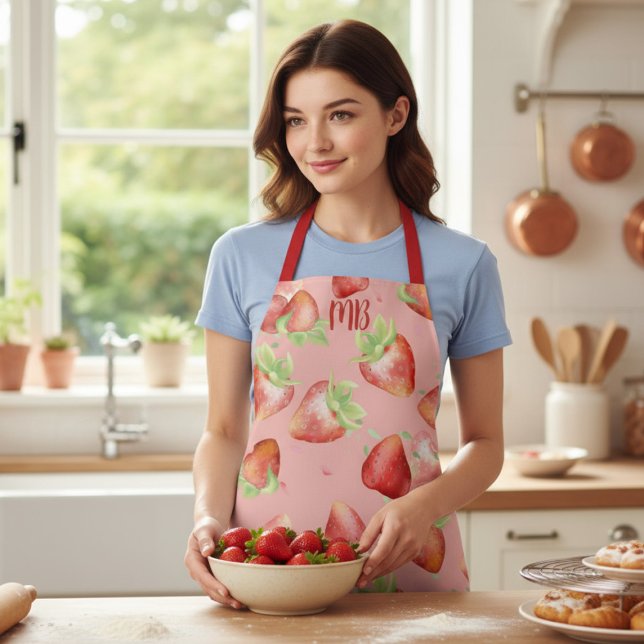 Red Strawberry Monogram Summer Kitchen Gift Apron (Creator Uploaded)