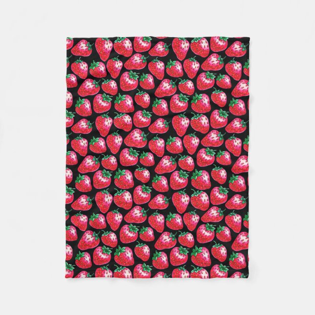 Red strawberry on  black background fleece blanket (Front)