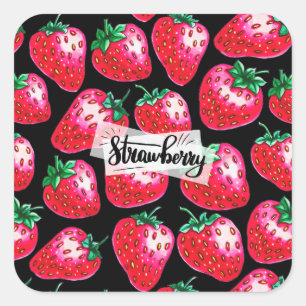 Red Strawberry on black background Square Sticker