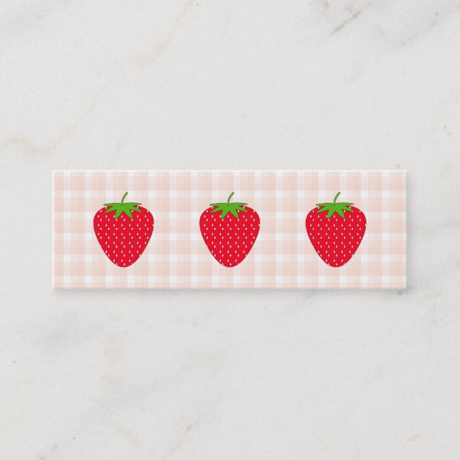 Red Strawberry on Gingham Check. Mini Business Card (Front)