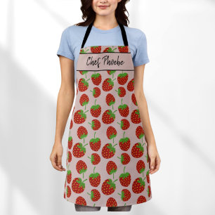 Red Strawberry Pattern  Custom Name Apron