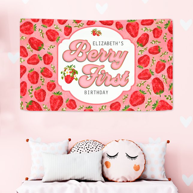 Red Strawberry Pattern Pink Berry First Birthday Banner (Creator Uploaded)