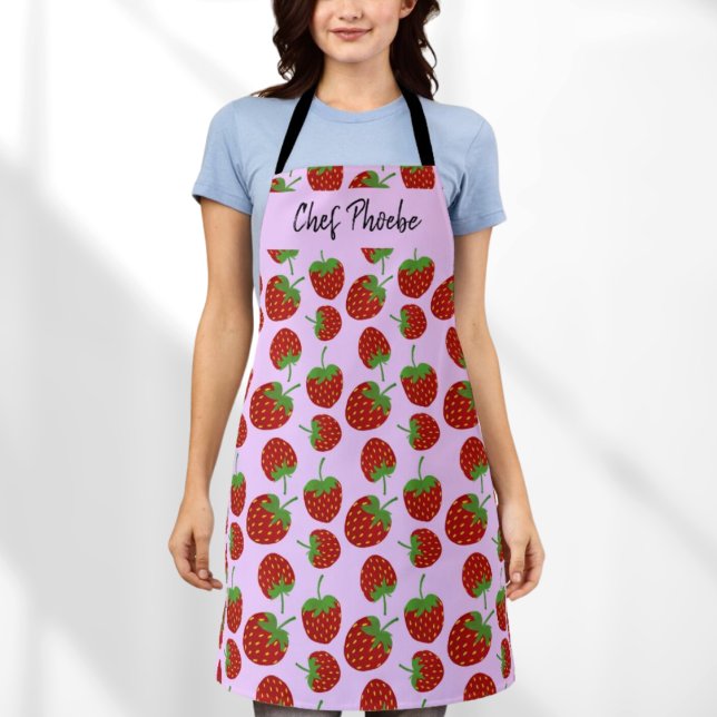 Red Strawberry Pattern Pink Custom Name Apron (Creator Uploaded)