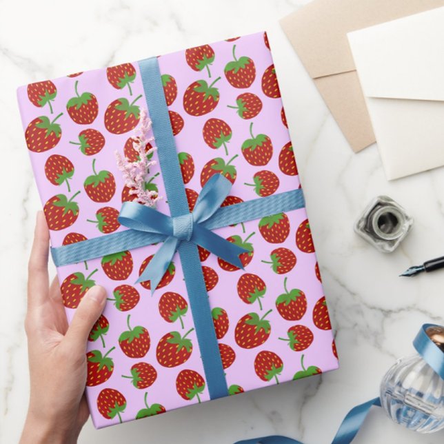 Red Strawberry Pattern Pink Wrapping Paper (Creator Uploaded)