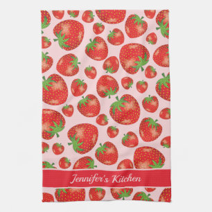 Red Strawberry Pattern With Custom Text Tea Towel