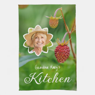 Red Strawberry Photo Grandma's Portrait Custom Tea Towel