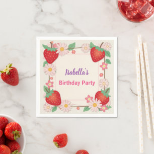 Red Strawberry pink Birthday Party for kids Napkin